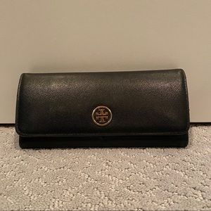 Tory Burch black bi-fold wallet with blue interior